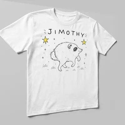 Kawaii style Jimothy raccoon dancing with stars in black, white, and yellow — printed on a unisex t-shirt (angled view)