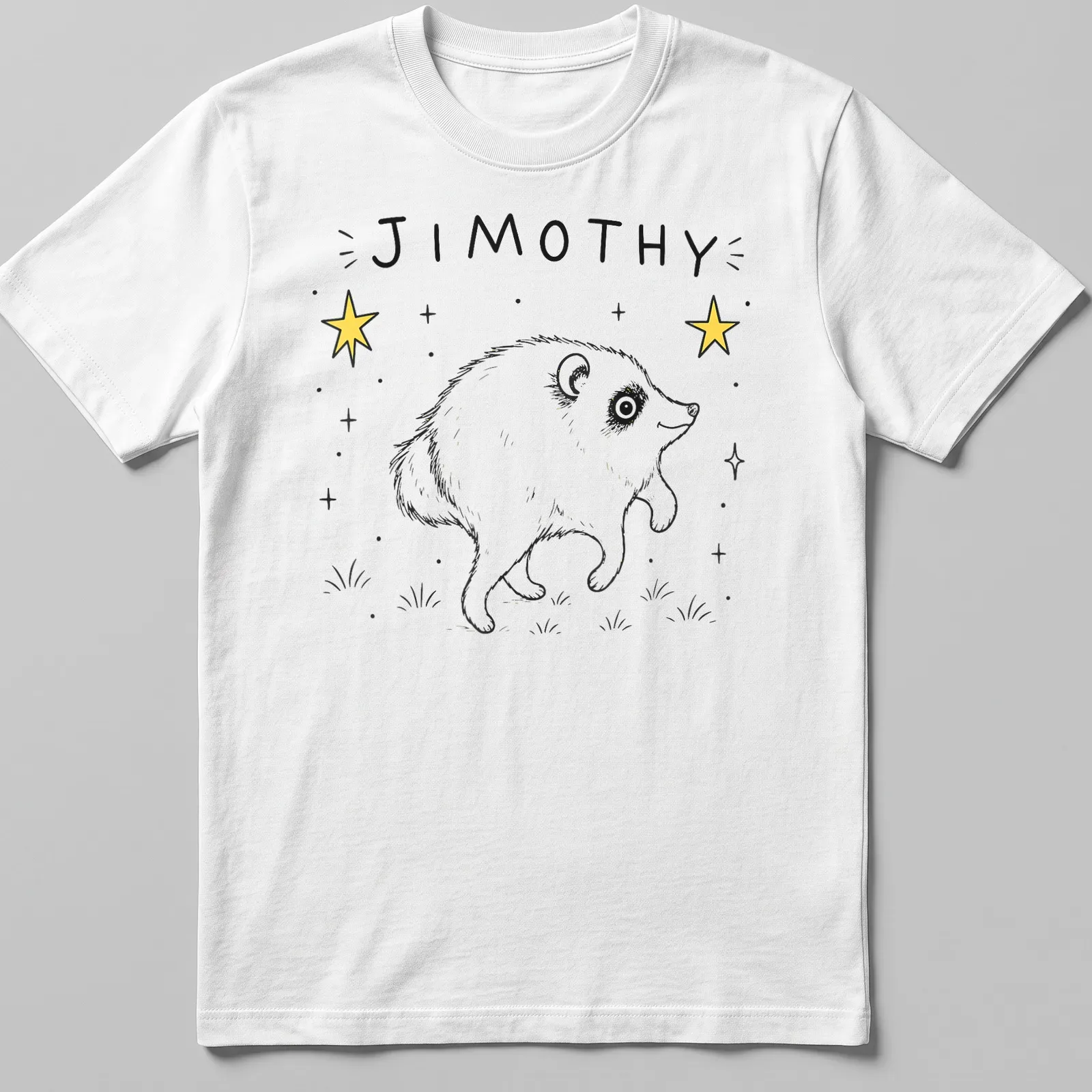 Kawaii style Jimothy raccoon dancing with stars in black, white, and yellow — printed on a unisex t-shirt
