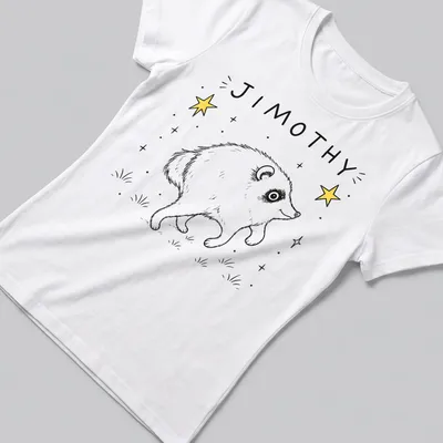 Kawaii style Jimothy raccoon dancing with stars in black, white, and yellow — printed on a women's shirt