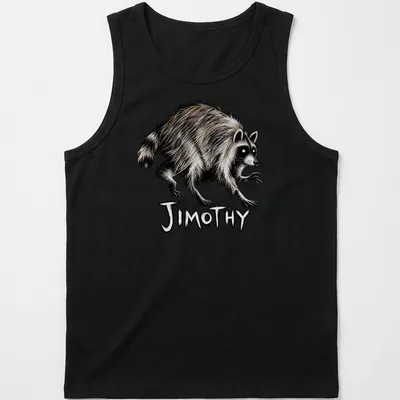 Illustrated shirt featuring Jimothy the raccoon with playful lettering — printed on a tank top
