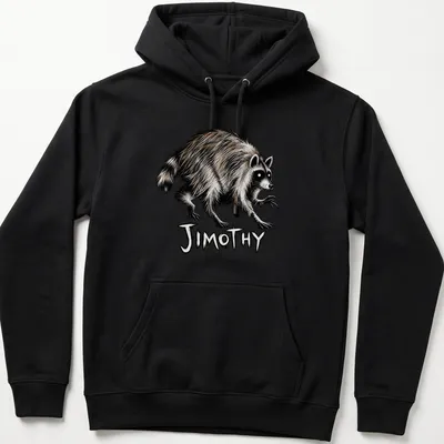 Illustrated shirt featuring Jimothy the raccoon with playful lettering — printed on a unisex hoodie