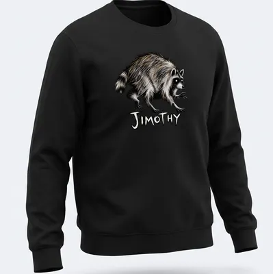 Illustrated shirt featuring Jimothy the raccoon with playful lettering — printed on a unisex sweatshirt