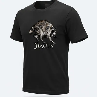 Illustrated shirt featuring Jimothy the raccoon with playful lettering