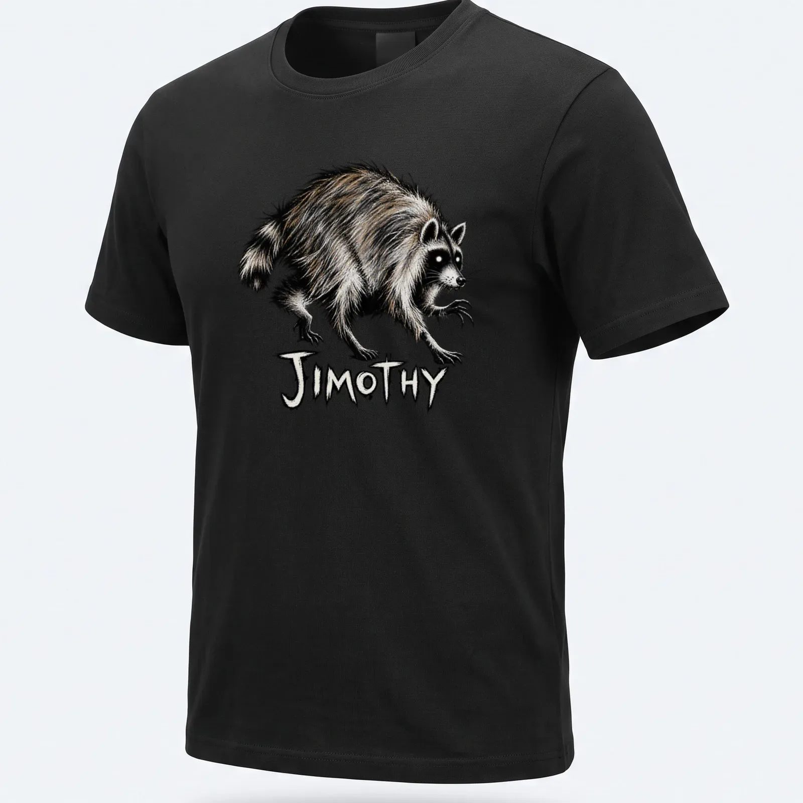 Illustrated shirt featuring Jimothy the raccoon with playful lettering — printed on a unisex t-shirt