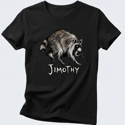 Illustrated shirt featuring Jimothy the raccoon with playful lettering — printed on a women's shirt