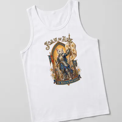 Illustration of a cat in armor with the text Joan of Arc The Maid of Purr-Léans above it. — printed on a tank top
