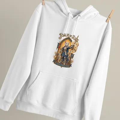 Illustration of a cat in armor with the text Joan of Arc The Maid of Purr-Léans above it. — printed on a unisex hoodie