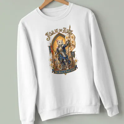 Illustration of a cat in armor with the text Joan of Arc The Maid of Purr-Léans above it. — printed on a unisex sweatshirt
