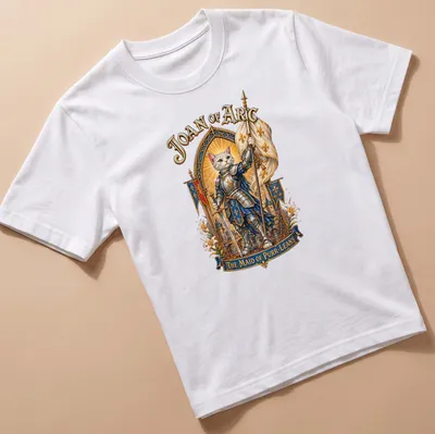 Illustration of a cat in armor with the text Joan of Arc The Maid of Purr-Léans above it.
