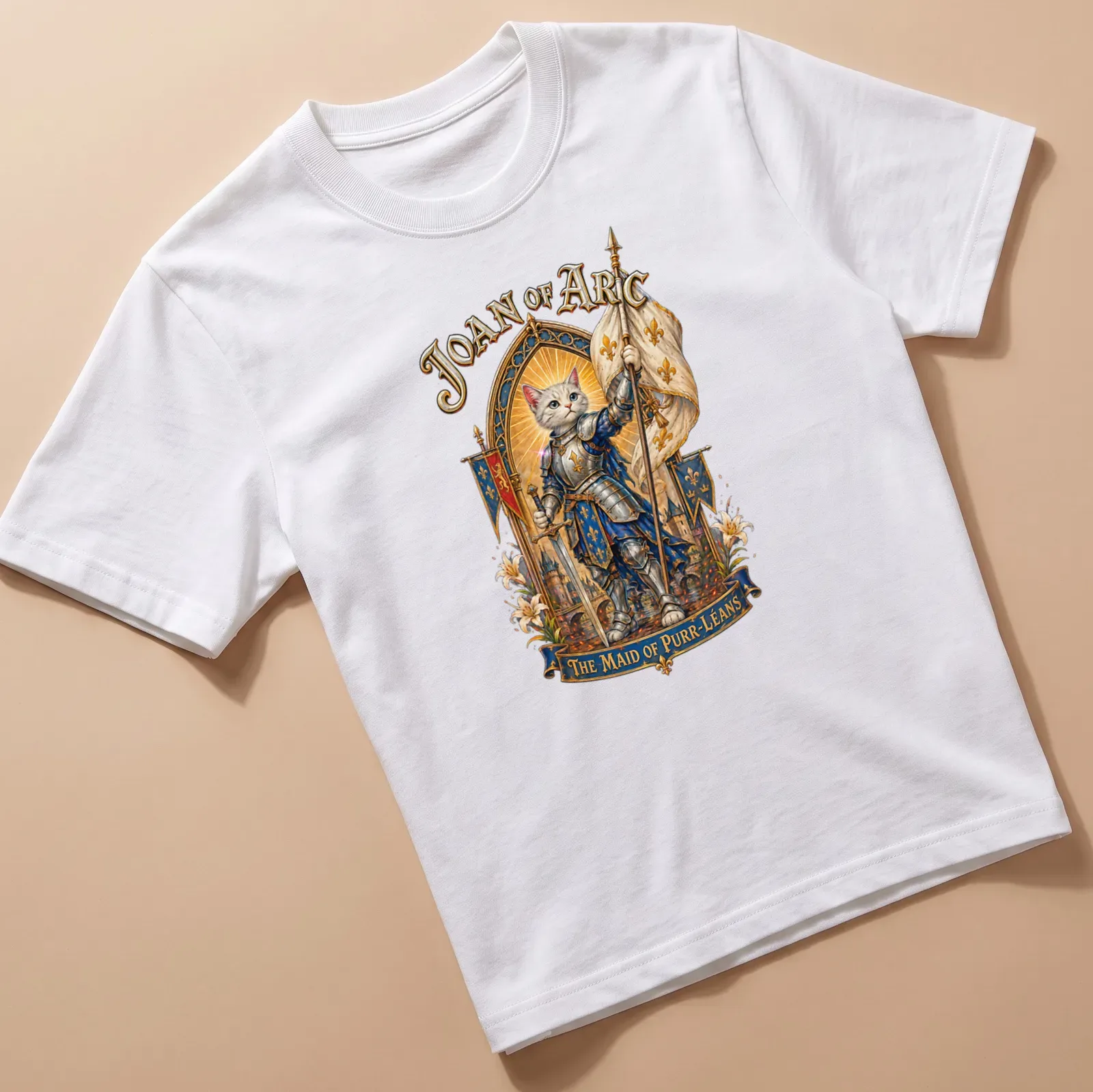 Illustration of a cat in armor with the text Joan of Arc The Maid of Purr-Léans above it. — printed on a unisex t-shirt