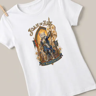 Illustration of a cat in armor with the text Joan of Arc The Maid of Purr-Léans above it. — printed on a women's shirt