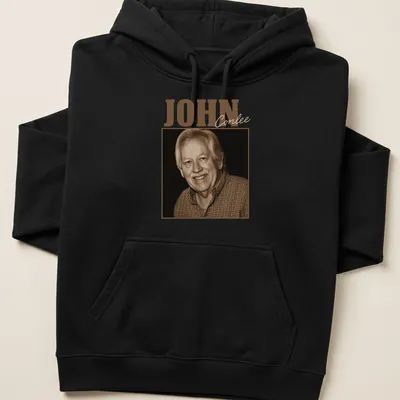 Vintage sepia t-shirt featuring the name John Conlee in elegant lettering. — printed on a unisex hoodie