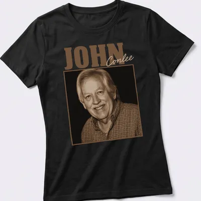 Vintage sepia t-shirt featuring the name John Conlee in elegant lettering. — printed on a women's shirt