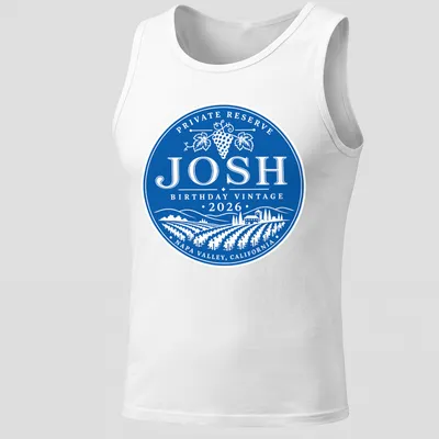 Vintage circular design T-shirt with grape vineyard theme for Josh's 2026 birthday — printed on a tank top