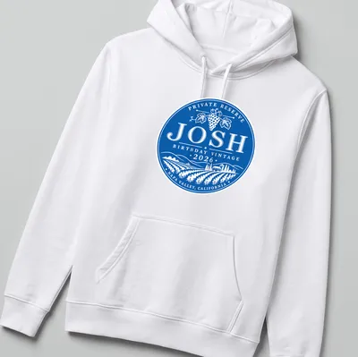 Vintage circular design T-shirt with grape vineyard theme for Josh's 2026 birthday — printed on a unisex hoodie