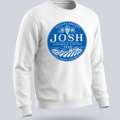 Vintage circular design T-shirt with grape vineyard theme for Josh's 2026 birthday — printed on a unisex sweatshirt