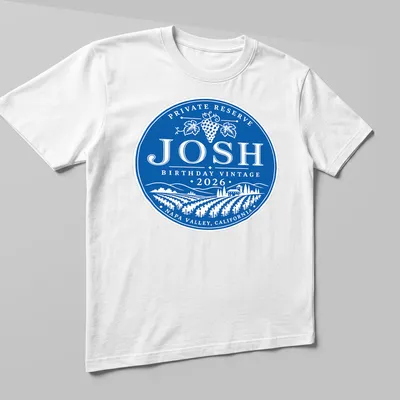 Vintage circular design T-shirt with grape vineyard theme for Josh's 2026 birthday — printed on a unisex t-shirt (angled view)