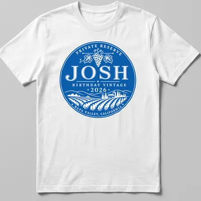 Vintage circular design T-shirt with grape vineyard theme for Josh's 2026 birthday