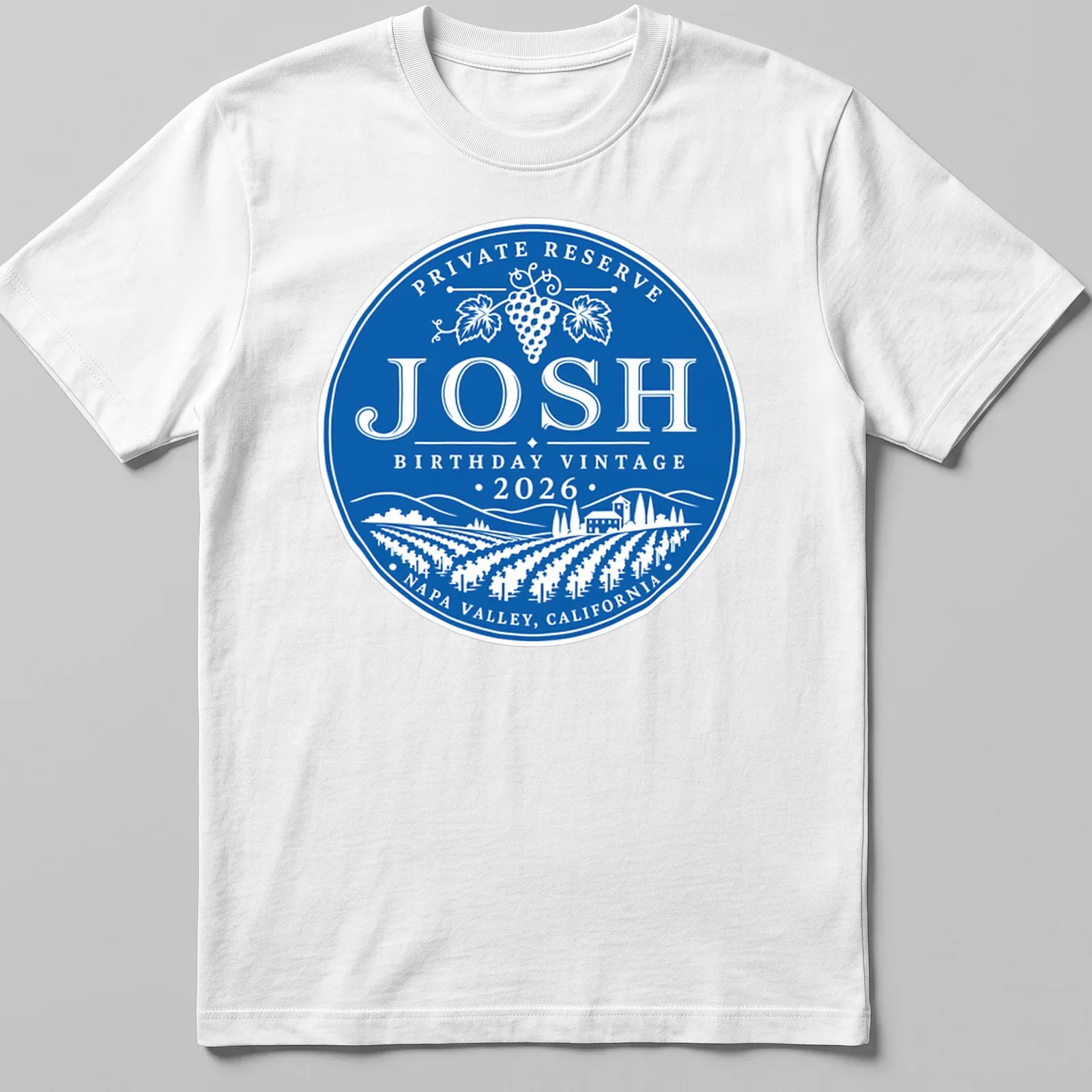 Vintage circular design T-shirt with grape vineyard theme for Josh's 2026 birthday — printed on a unisex t-shirt