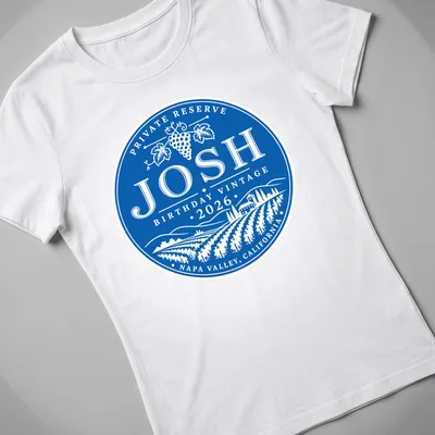 Vintage circular design T-shirt with grape vineyard theme for Josh's 2026 birthday — printed on a women's shirt