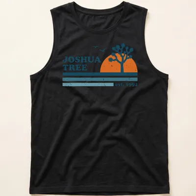 Retro distressed Joshua Tree t-shirt with vintage lettering and colors. — printed on a tank top