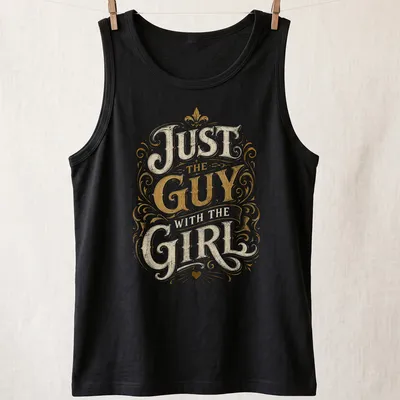 Ornate vintage typography t-shirt with 'Just The Guy With The Girl' printed in gold and cream — printed on a tank top