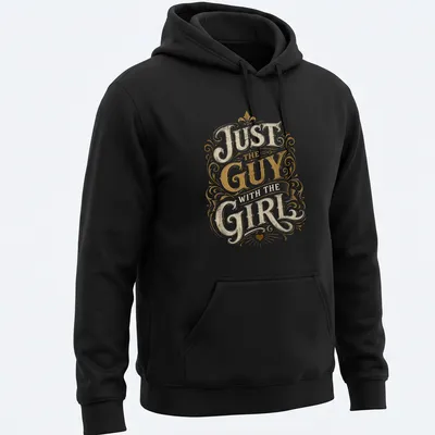 Ornate vintage typography t-shirt with 'Just The Guy With The Girl' printed in gold and cream — printed on a unisex hoodie