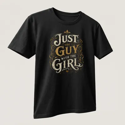 Ornate vintage typography t-shirt with 'Just The Guy With The Girl' printed in gold and cream — printed on a unisex t-shirt (angled view)