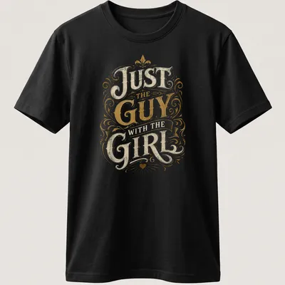Ornate vintage typography t-shirt with 'Just The Guy With The Girl' printed in gold and cream