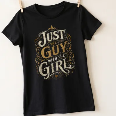 Ornate vintage typography t-shirt with 'Just The Guy With The Girl' printed in gold and cream — printed on a women's shirt