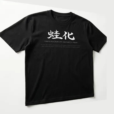 Japanese calligraphy design featuring 'Kaeruka The Ick' in black on white — printed on a unisex t-shirt (angled view)