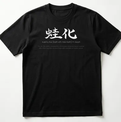 Japanese calligraphy design featuring 'Kaeruka The Ick' in black on white — printed on a unisex t-shirt