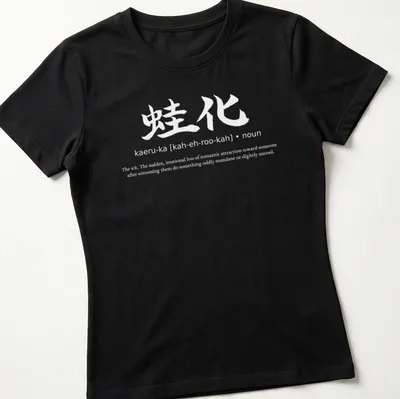 Japanese calligraphy design featuring 'Kaeruka The Ick' in black on white — printed on a women's shirt