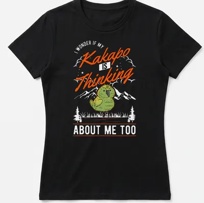 Cartoonish Kakapo bird with thinking expression and text 'Kakapo Is Thinking' — printed on a women's shirt