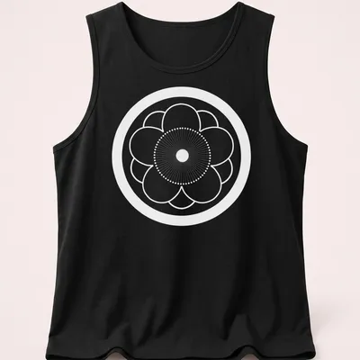 Traditional Japanese Kamon symbol in red, black, and white on — printed on a tank top