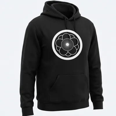 Traditional Japanese Kamon symbol in red, black, and white on — printed on a unisex hoodie