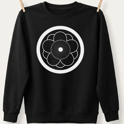 Traditional Japanese Kamon symbol in red, black, and white on — printed on a unisex sweatshirt