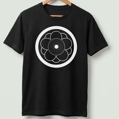 Traditional Japanese Kamon symbol in red, black, and white on tee