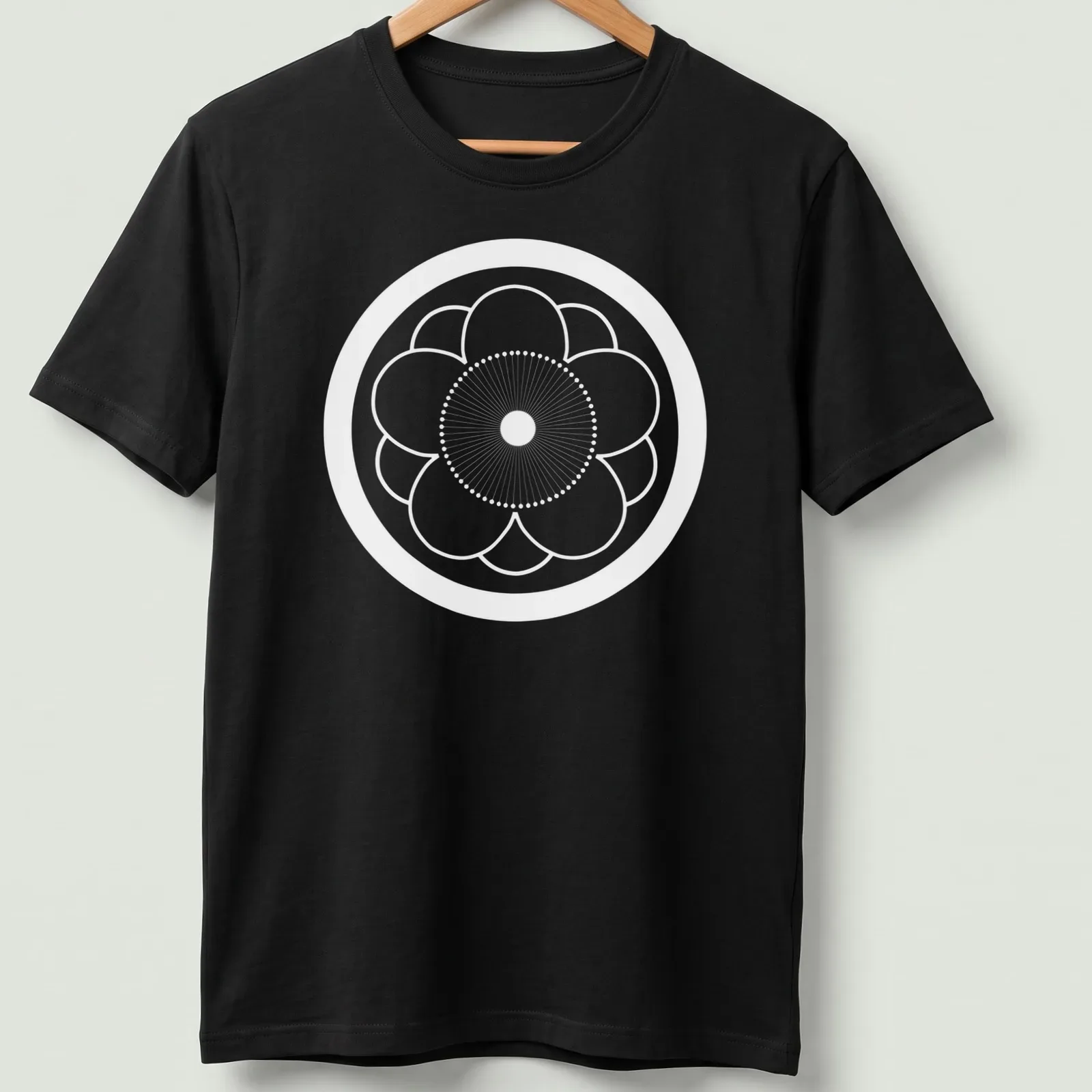 Traditional Japanese Kamon symbol in red, black, and white on — printed on a unisex t-shirt