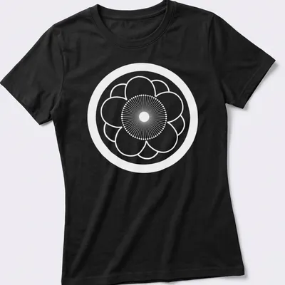Traditional Japanese Kamon symbol in red, black, and white on — printed on a women's shirt