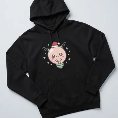 Kawaii style light bulb character in pastel colors for Christmas. — printed on a unisex hoodie