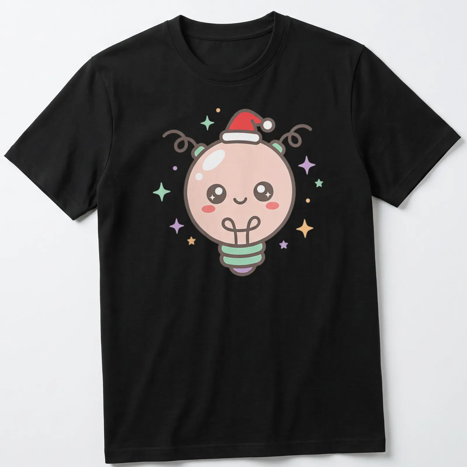 Kawaii style light bulb character in pastel colors for Christmas. — printed on a unisex t-shirt