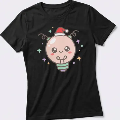Kawaii style light bulb character in pastel colors for Christmas. — printed on a women's shirt