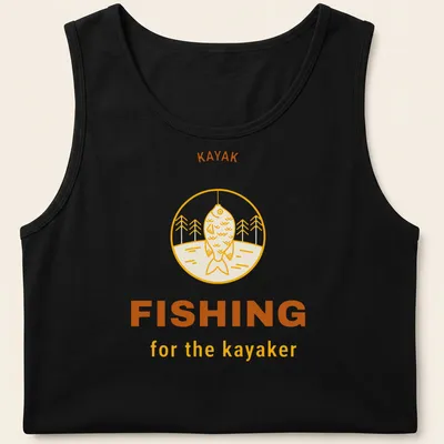 Minimalist line-art shirt featuring kayak fishing in yellow, brown, and white — printed on a tank top