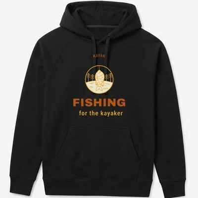 Minimalist line-art shirt featuring kayak fishing in yellow, brown, and white — printed on a unisex hoodie