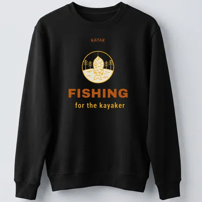 Minimalist line-art shirt featuring kayak fishing in yellow, brown, and white — printed on a unisex sweatshirt