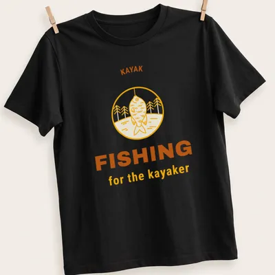 Minimalist line-art shirt featuring kayak fishing in yellow, brown, and white