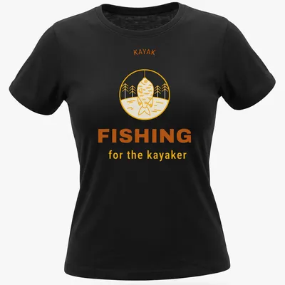 Minimalist line-art shirt featuring kayak fishing in yellow, brown, and white — printed on a women's shirt