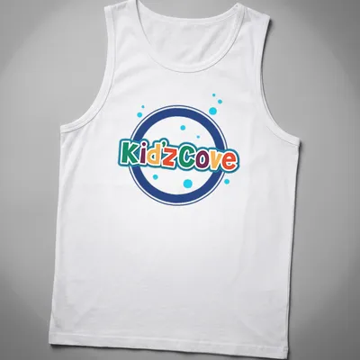 Colorful Kidz Cove logo t-shirt with playful typography in vibrant colors — printed on a tank top