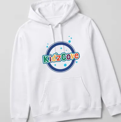 Colorful Kidz Cove logo t-shirt with playful typography in vibrant colors — printed on a unisex hoodie